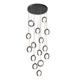 Modern Gold and Black LED Ring Cluster Staircase Chandelier for High Ceilings and Foyers