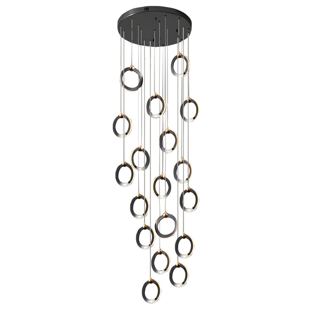 Modern Gold and Black LED Ring Cluster Staircase Chandelier for High Ceilings and Foyers
