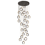 Modern Gold and Black LED Ring Cluster Staircase Chandelier for High Ceilings and Foyers