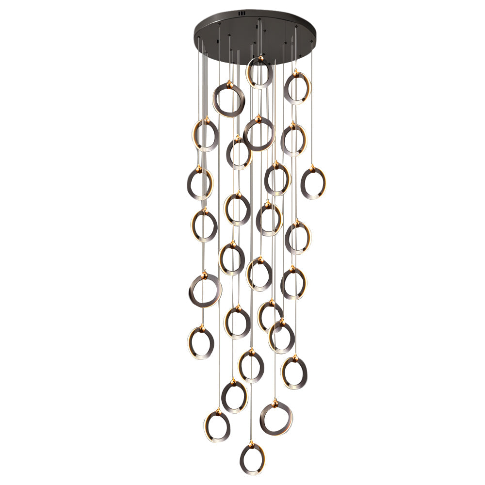 Modern Gold and Black LED Ring Cluster Staircase Chandelier for High Ceilings and Foyers