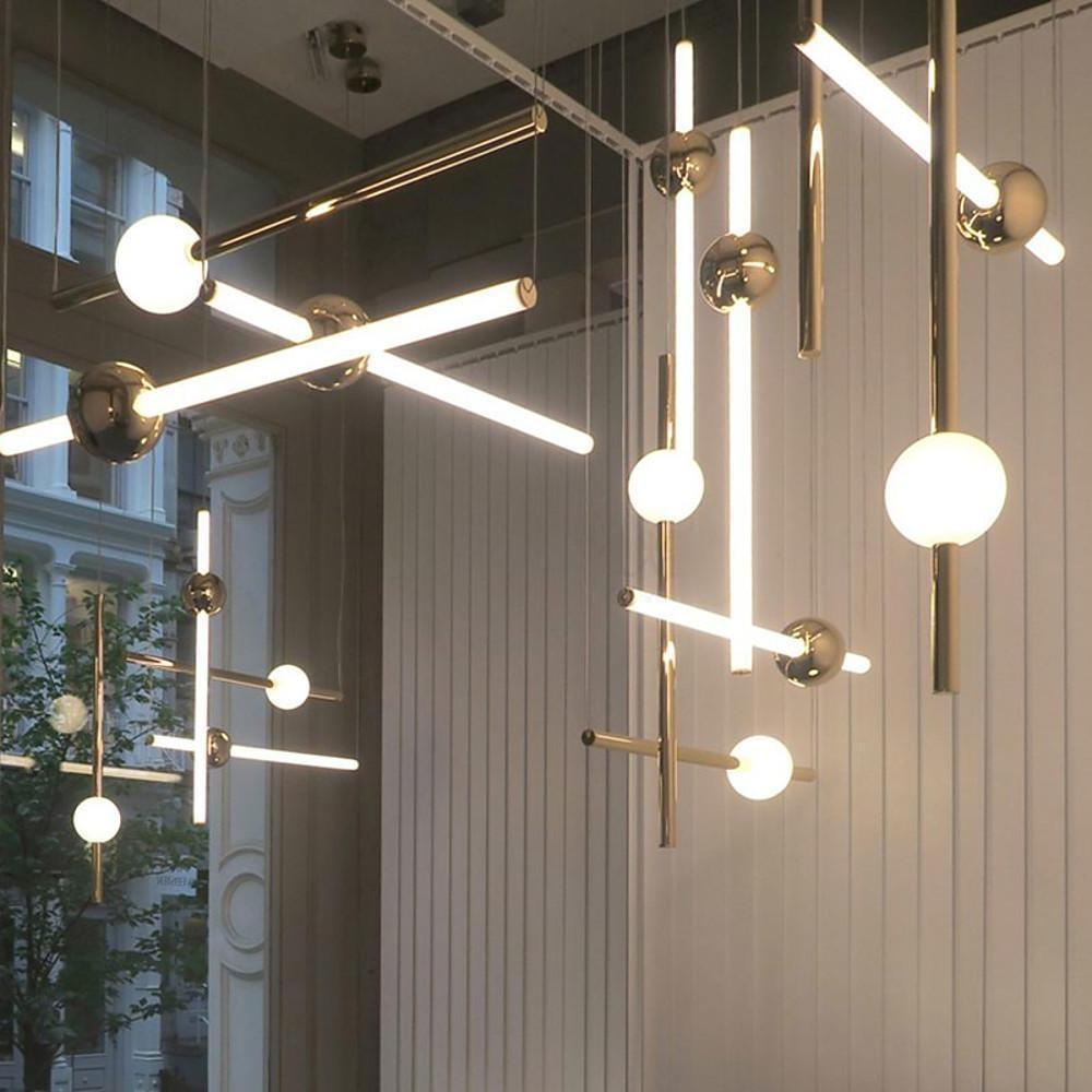 Modern Gold and White Glass Sphere Pendant Light with Linear Metal Frame LED
