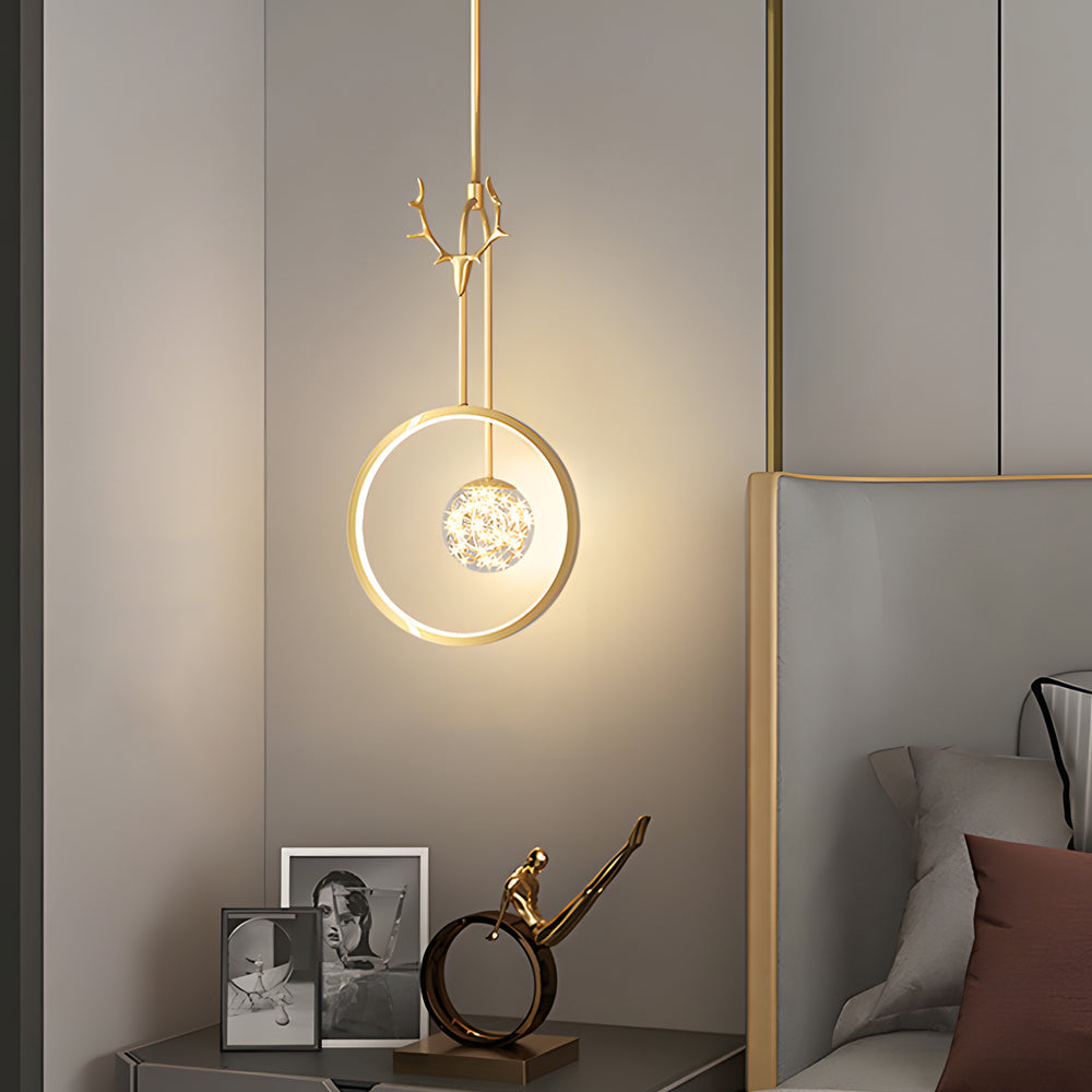 Modern Gold Antler Ring LED Pendant Light Dimmable Nordic Bedside Hanging Lamp for Bedroom