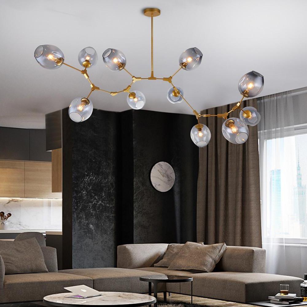 Modern Gold Branch Bubble Sputnik Chandelier with Glass Globe Shades for Living Room 5 to 11 Lights