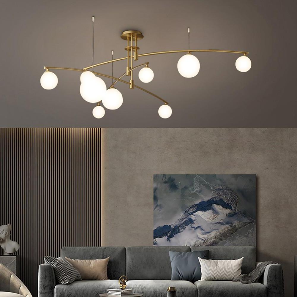 Modern Gold Copper LED Branch Chandelier with Irregular Glass Shades for Living Dining Room
