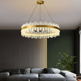 Modern Gold Crystal Chandelier with Water Ripple Glass Shades LED Dimmable Round Pendant Light