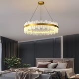 Modern Gold Crystal Chandelier with Water Ripple Glass Shades LED Dimmable Round Pendant Light