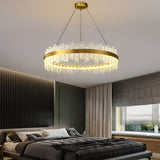 Modern Gold Crystal Chandelier with Water Ripple Glass Shades LED Dimmable Round Pendant Light