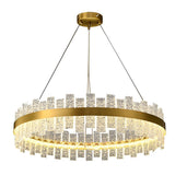 Modern Gold Crystal Chandelier with Water Ripple Glass Shades LED Dimmable Round Pendant Light