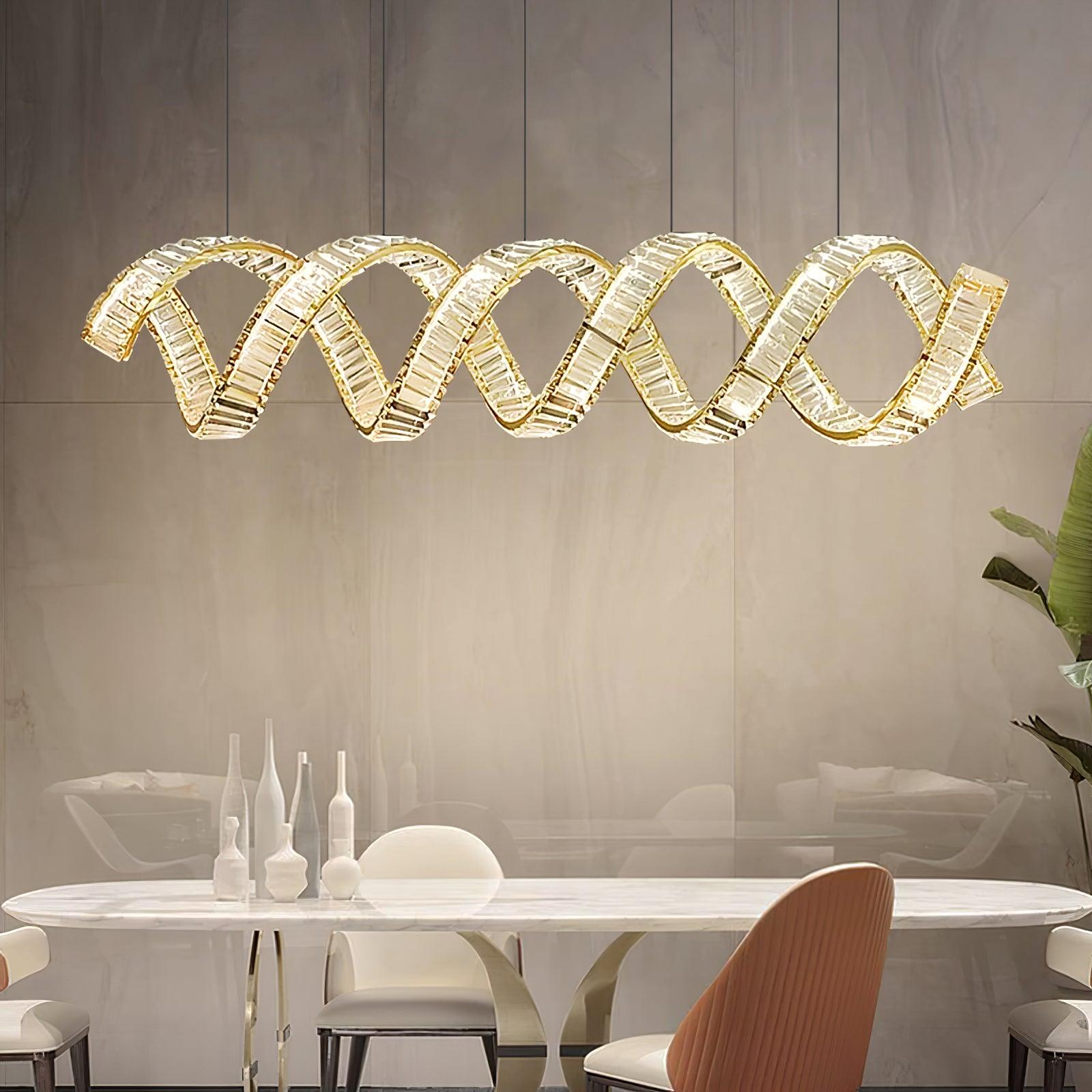 Modern Gold Curved LED Crystal Chandelier Luxury Wave Pendant Light for High Ceiling