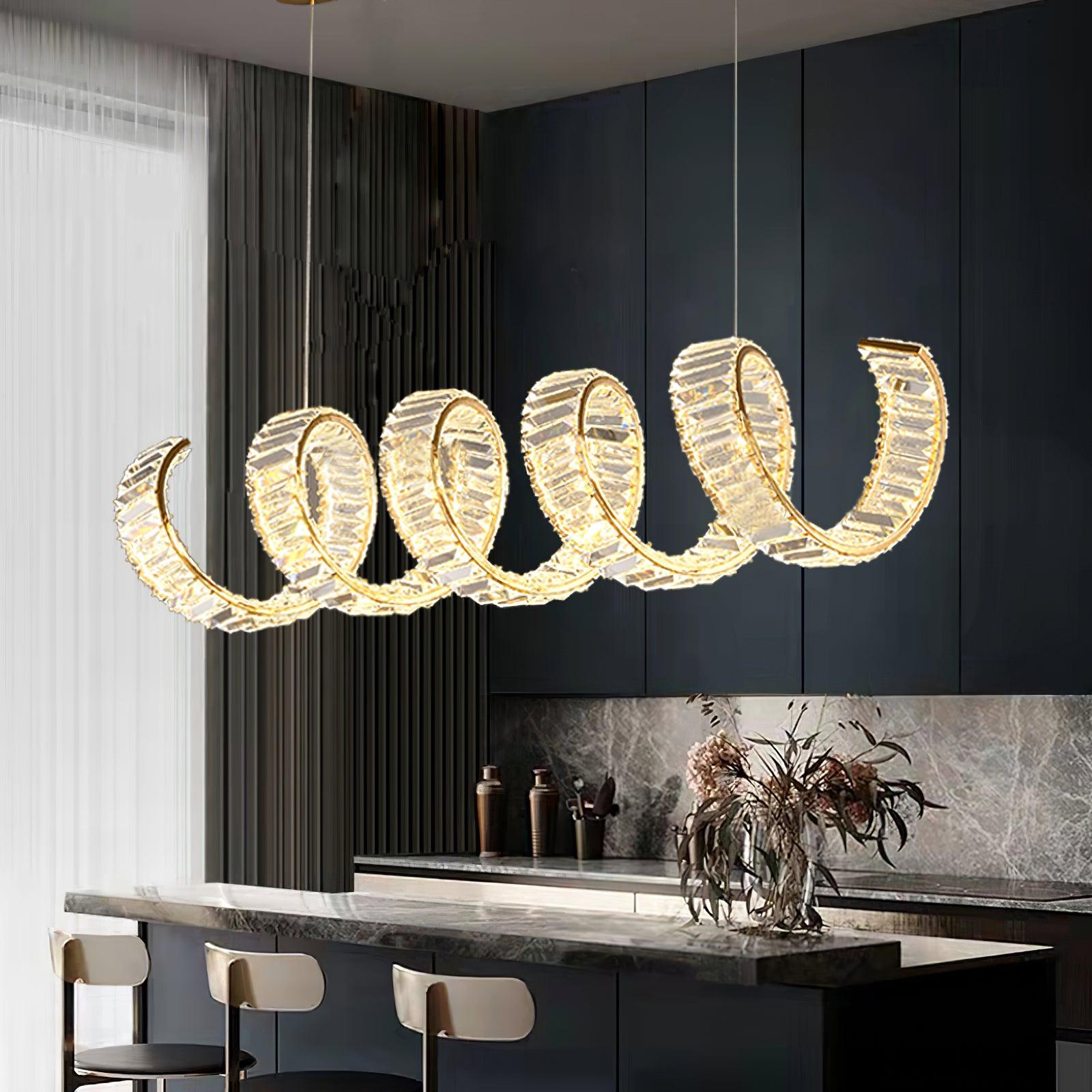 Modern Gold Curved LED Crystal Chandelier Luxury Wave Pendant Light for High Ceiling
