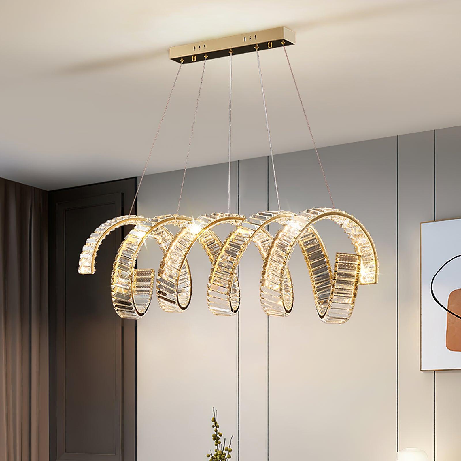 Modern Gold Curved LED Crystal Chandelier Luxury Wave Pendant Light for High Ceiling