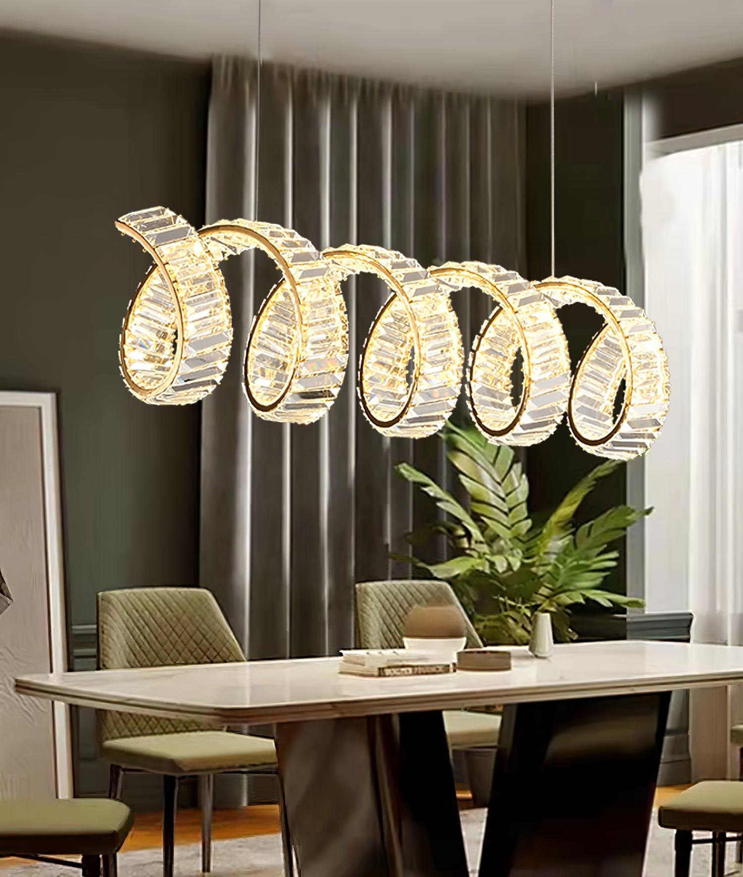 Modern Gold Curved LED Crystal Chandelier Luxury Wave Pendant Light for High Ceiling