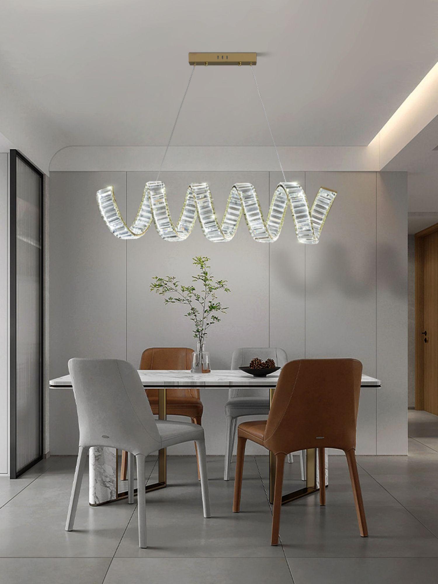 Modern Gold Curved LED Crystal Chandelier Luxury Wave Pendant Light for High Ceiling