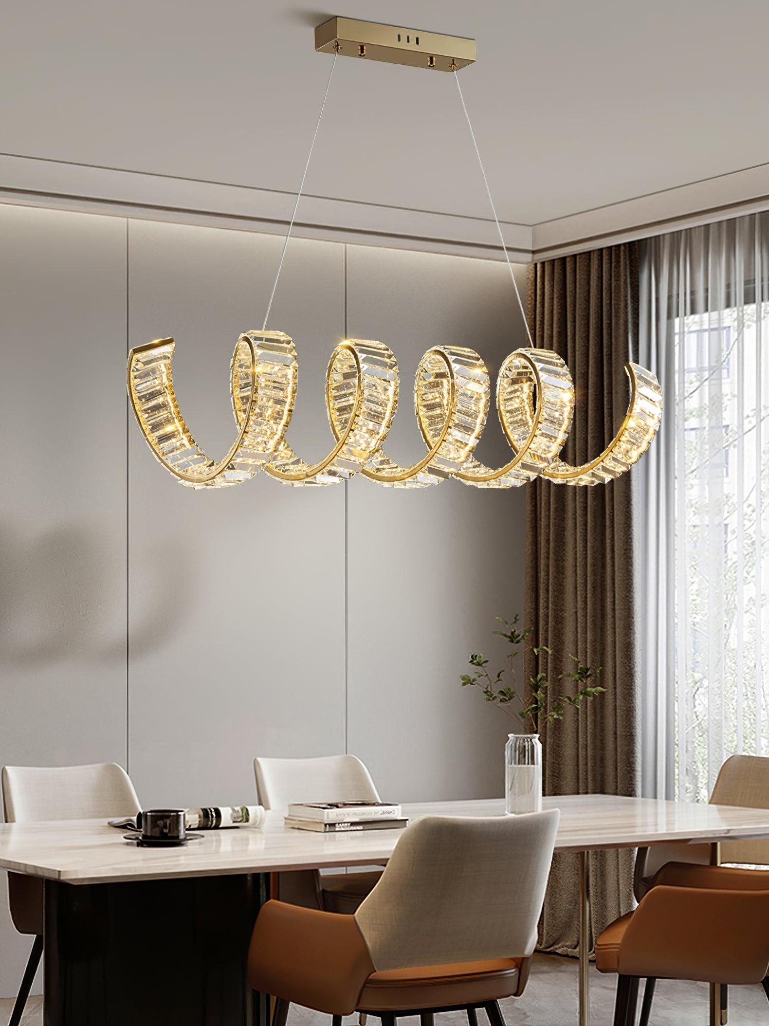 Modern Gold Curved LED Crystal Chandelier Luxury Wave Pendant Light for High Ceiling