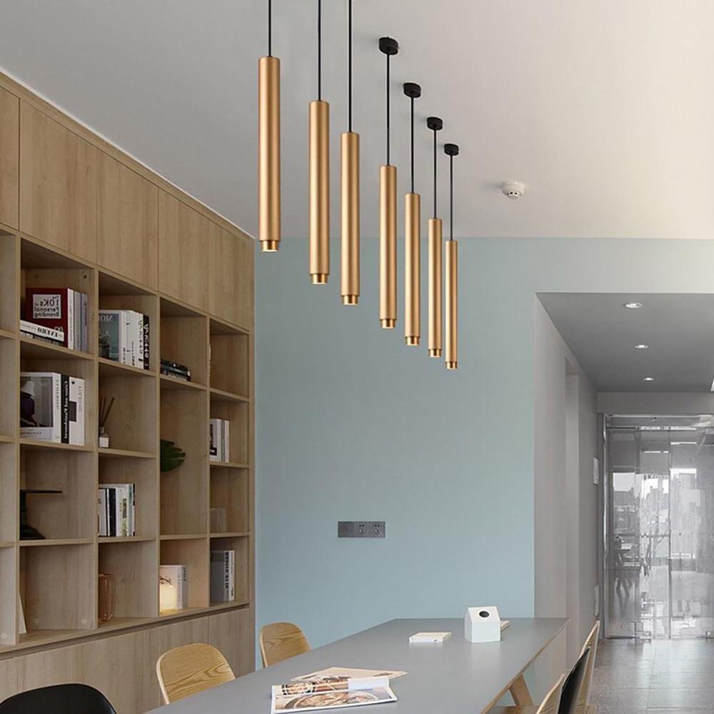 Modern Gold Cylindrical LED Pendant Light Adjustable Hanging Island Lighting for Kitchen and Dining Room