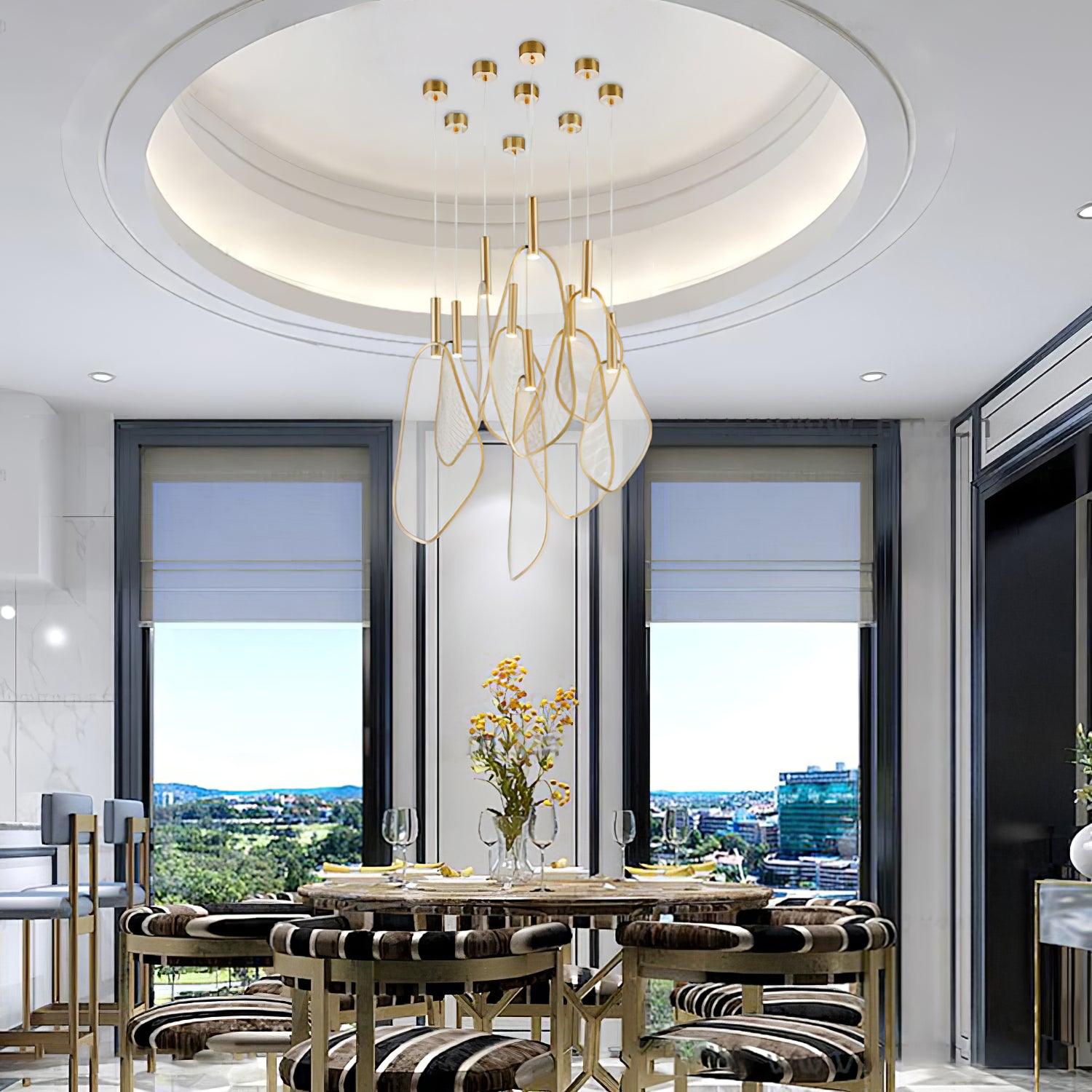 Modern Gold Fan Shape Pendant Light Integrated LED Tropical Design Chandelier