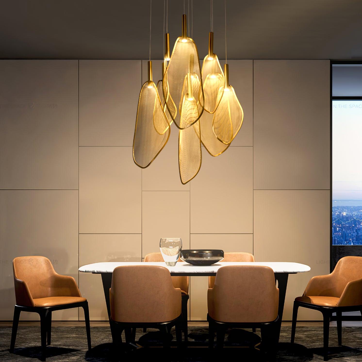 Modern Gold Fan Shape Pendant Light Integrated LED Tropical Design Chandelier