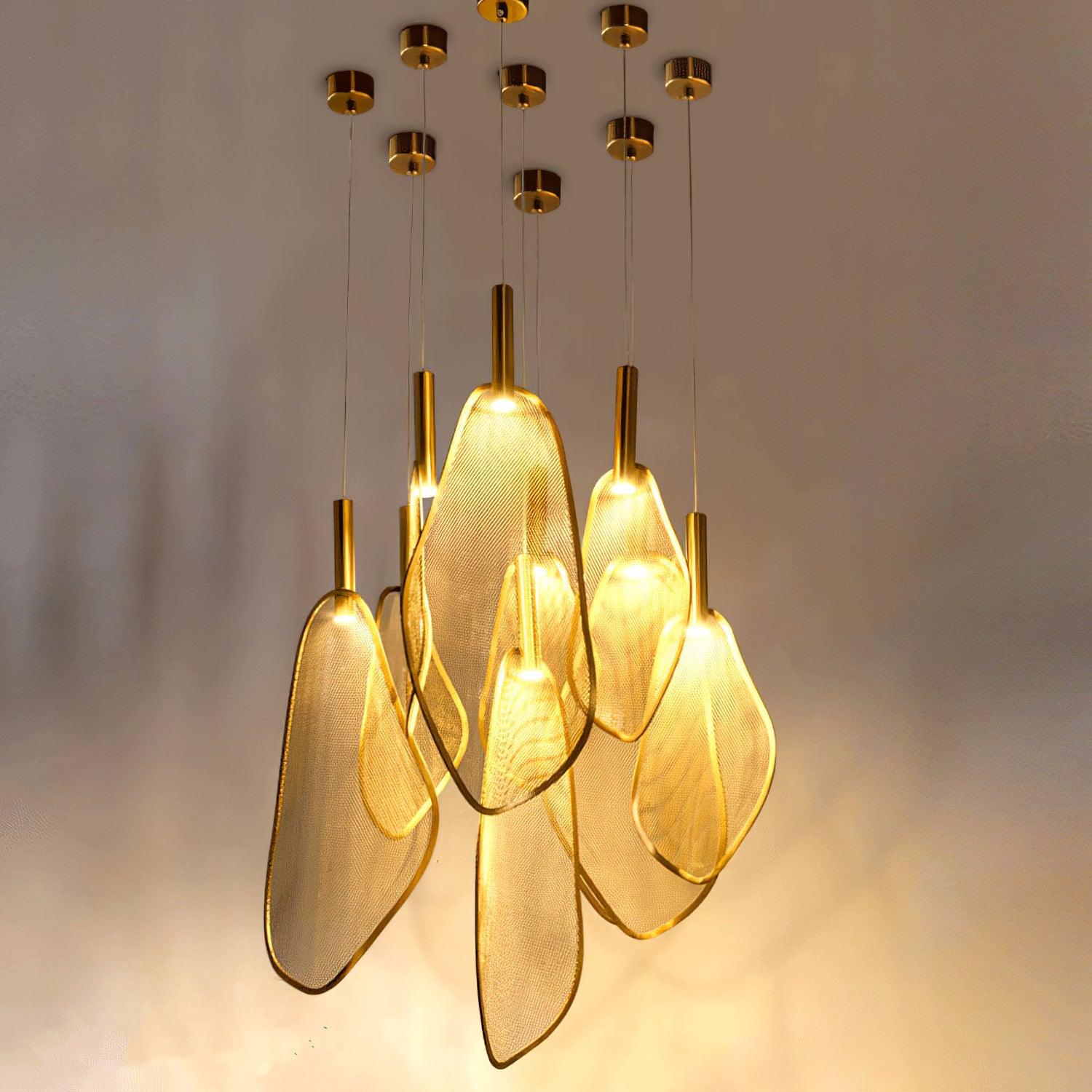 Modern Gold Fan Shape Pendant Light Integrated LED Tropical Design Chandelier