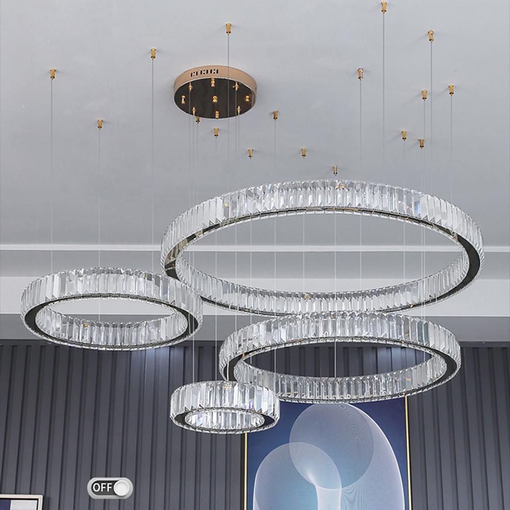 Modern Gold Four Ring Crystal Chandelier Large LED Pendant Lighting for Living Room Foyer