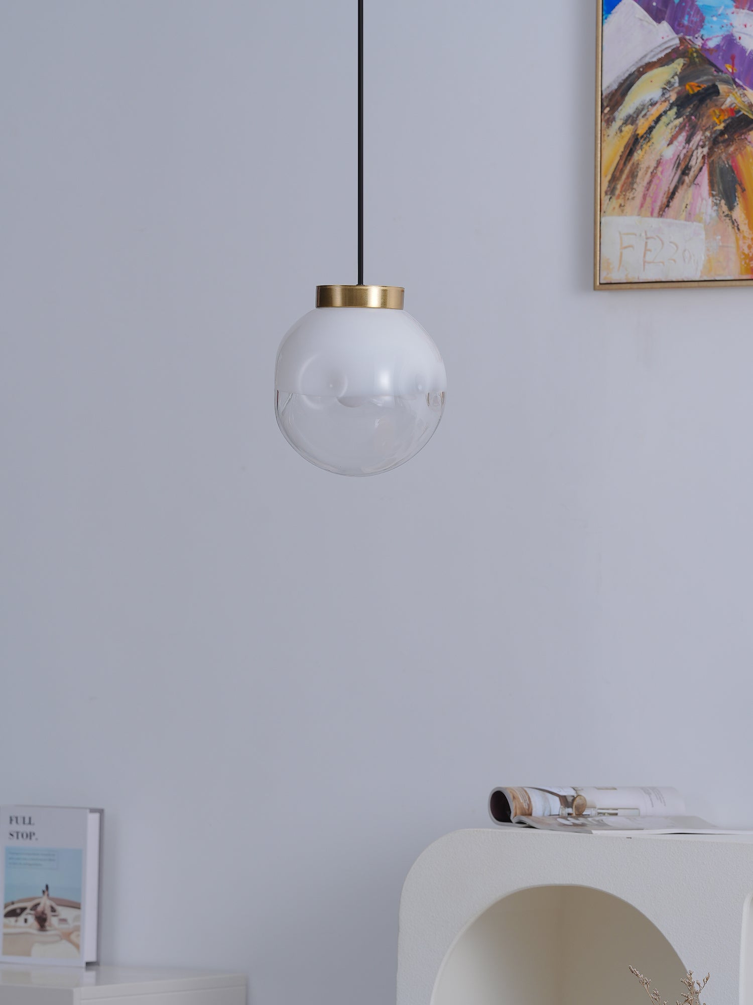 Modern Gold Globe Pendant Light with Semi White Glass Sphere for Kitchen and Dining Room