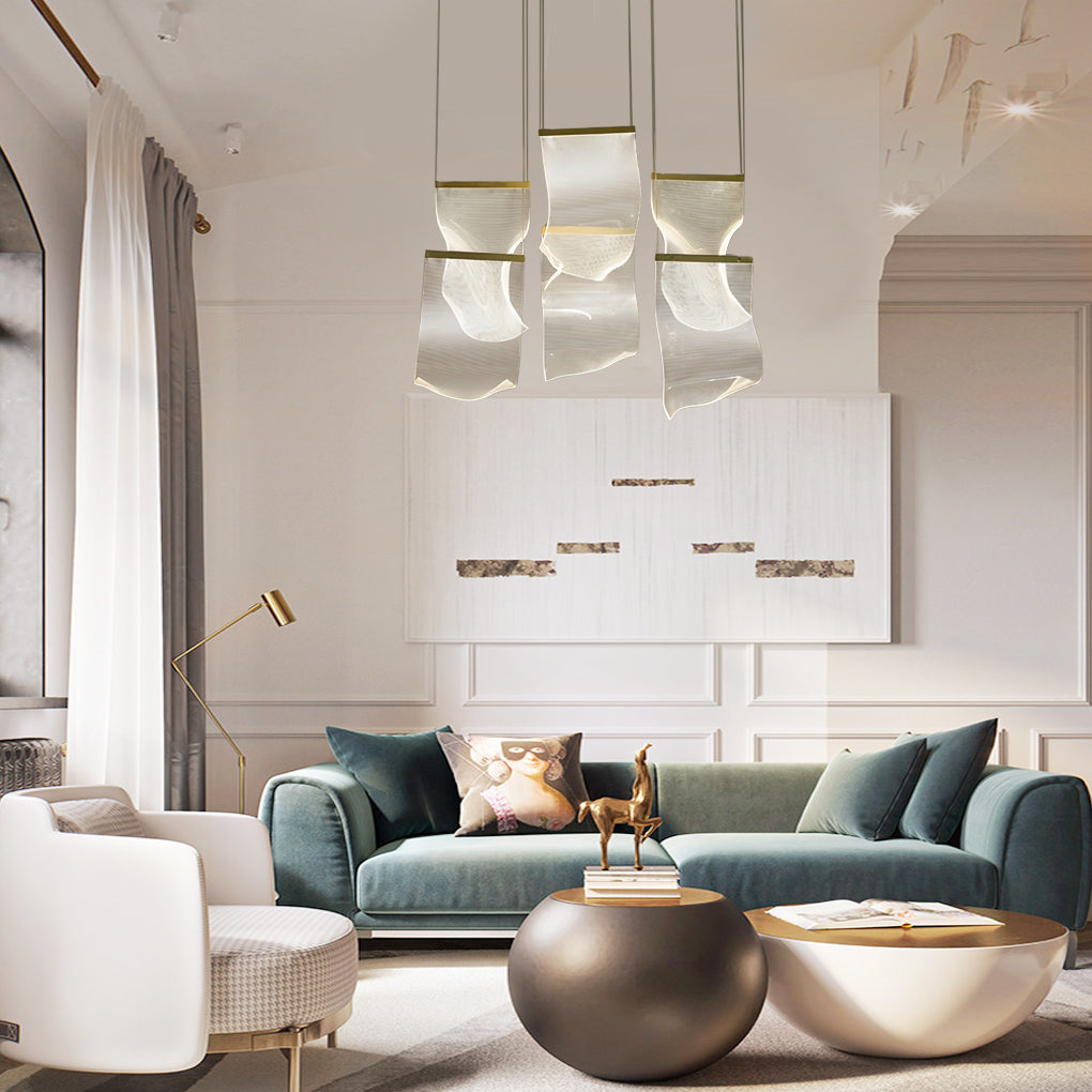 Modern Gold LED Chandelier with Irregular Acrylic Paper Curls and Stepless Dimming