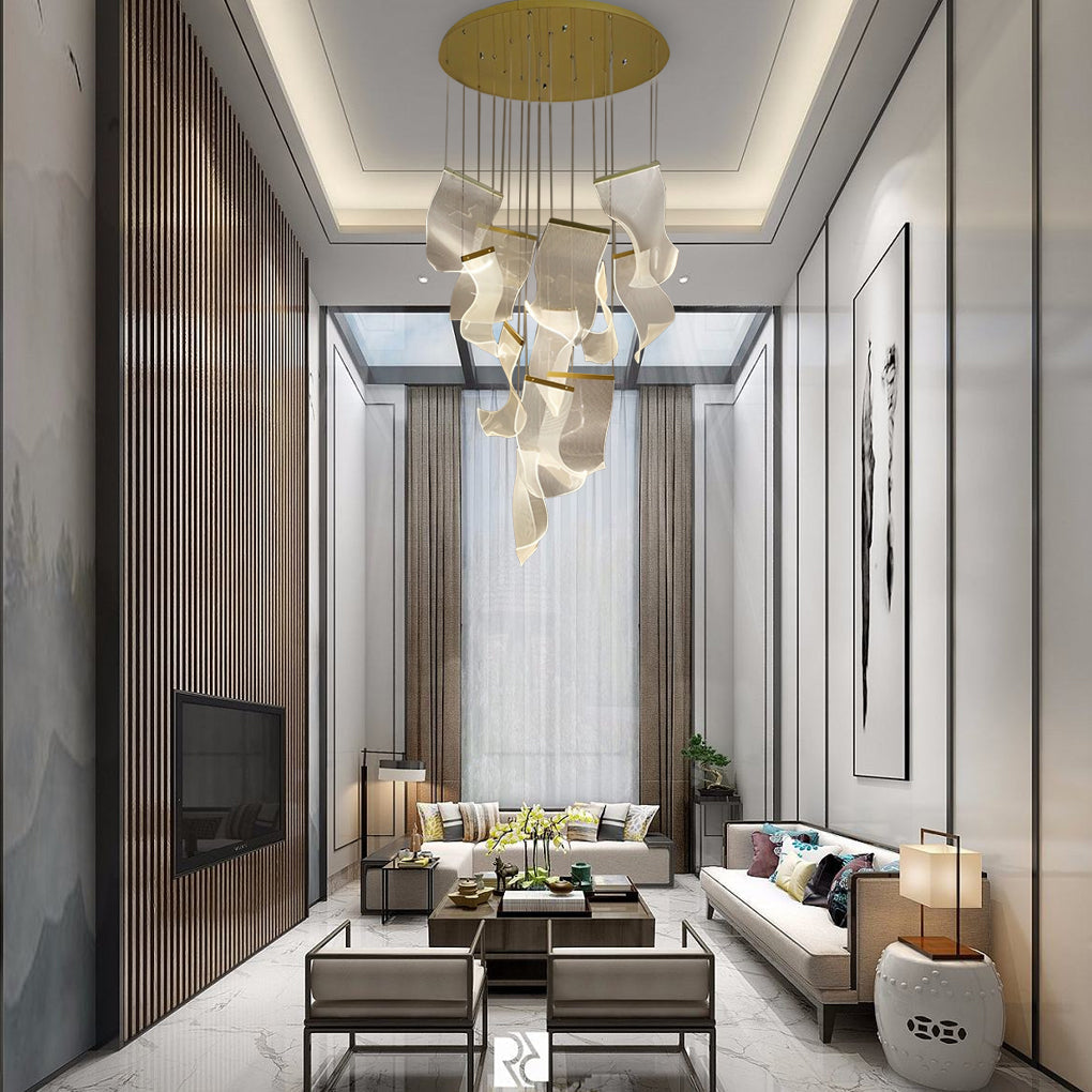 Modern Gold LED Chandelier with Irregular Acrylic Paper Curls and Stepless Dimming