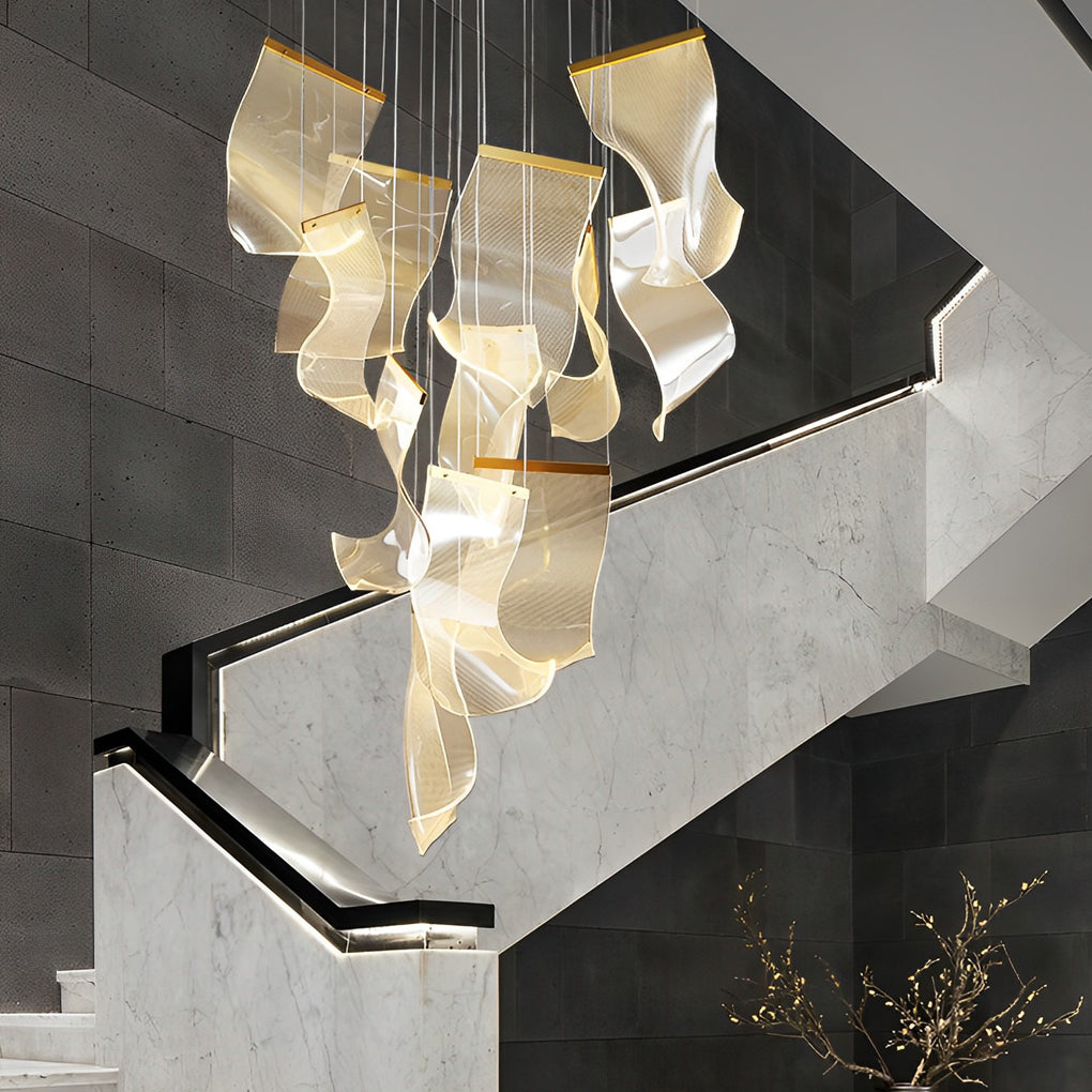 Modern Gold LED Chandelier with Irregular Acrylic Paper Curls and Stepless Dimming