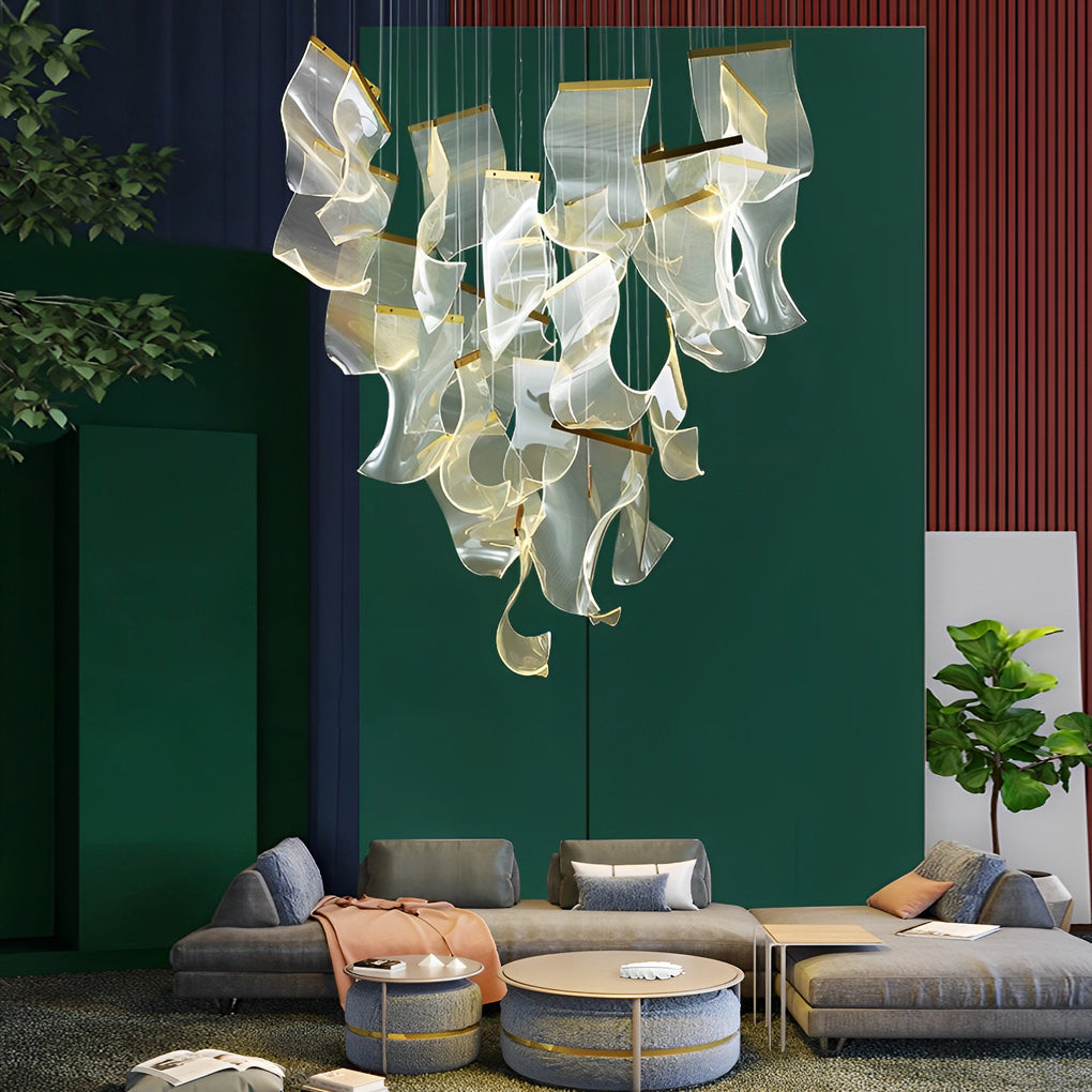 Modern Gold LED Chandelier with Irregular Acrylic Paper Curls and Stepless Dimming