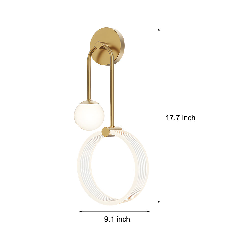 Modern Gold LED Wall Sconce 2 Light Fixture with Acrylic Ring and Frosted Globe