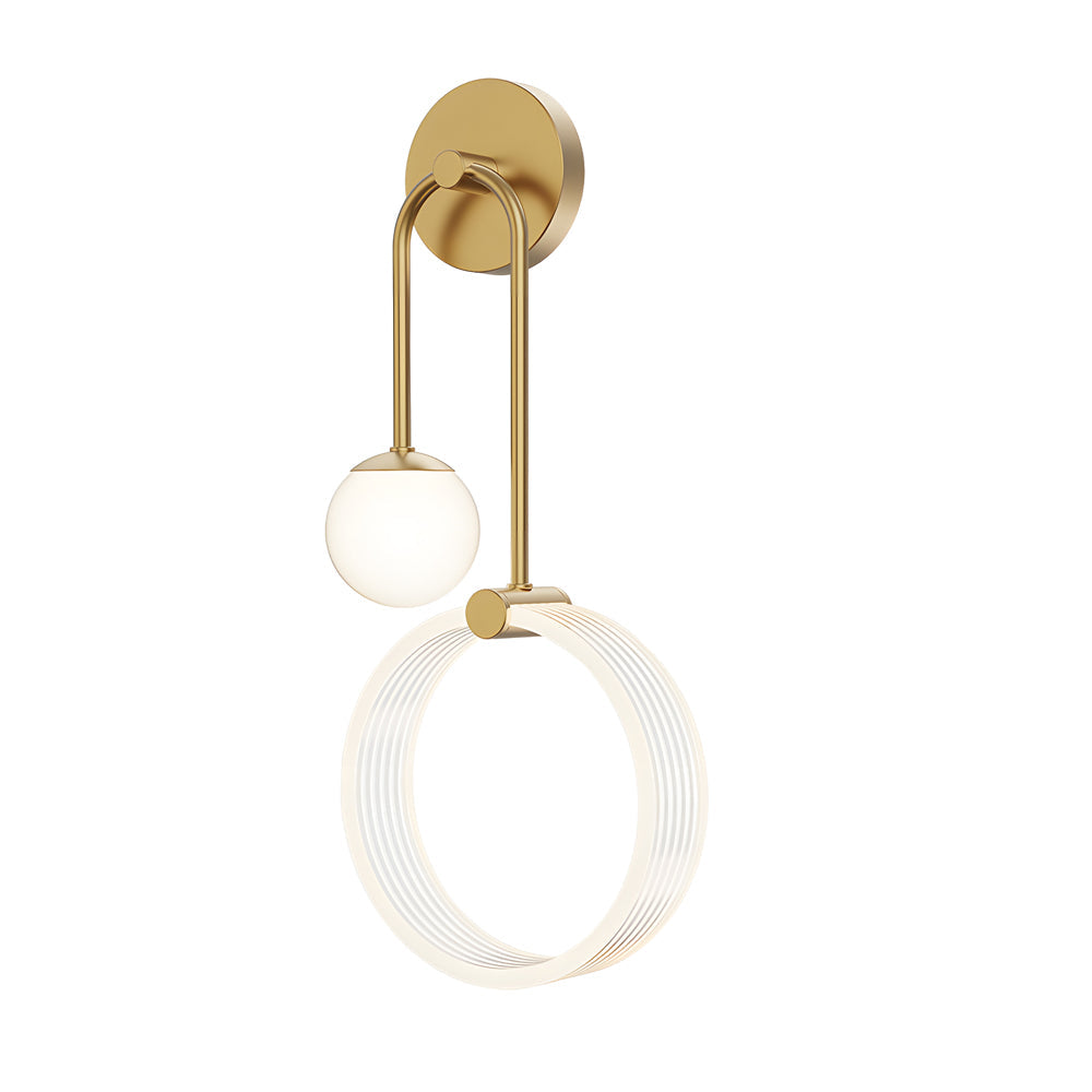 Modern Gold LED Wall Sconce 2 Light Fixture with Acrylic Ring and Frosted Globe