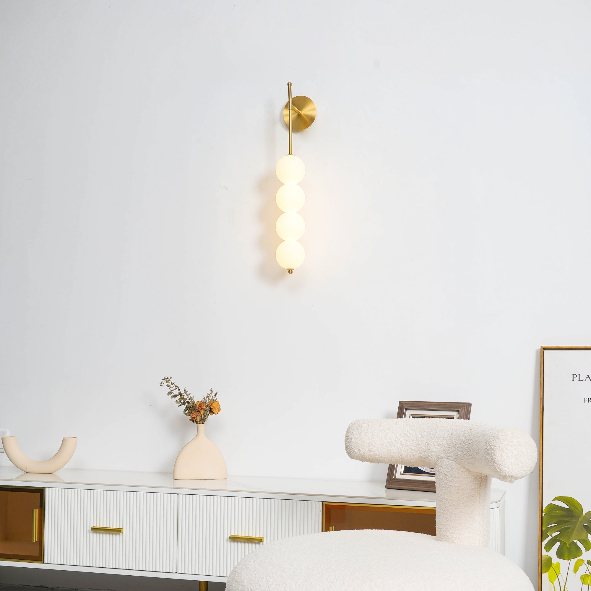 Modern Gold LED Wall Sconce with Hand Blown Opal Glass Globe Spheres
