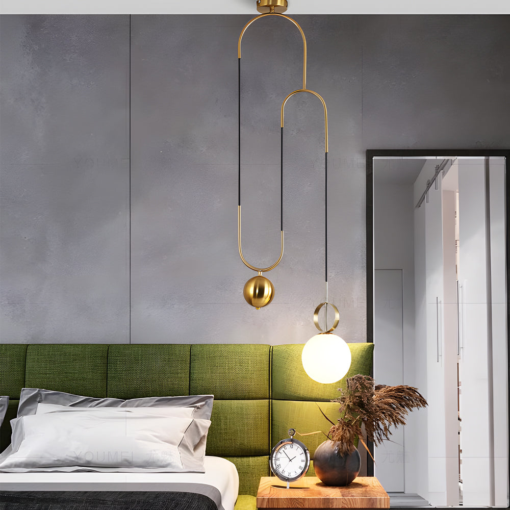 Modern Gold Linear Pendant Light with Frosted Opal Glass Globe Shade and Integrated LED Lighting