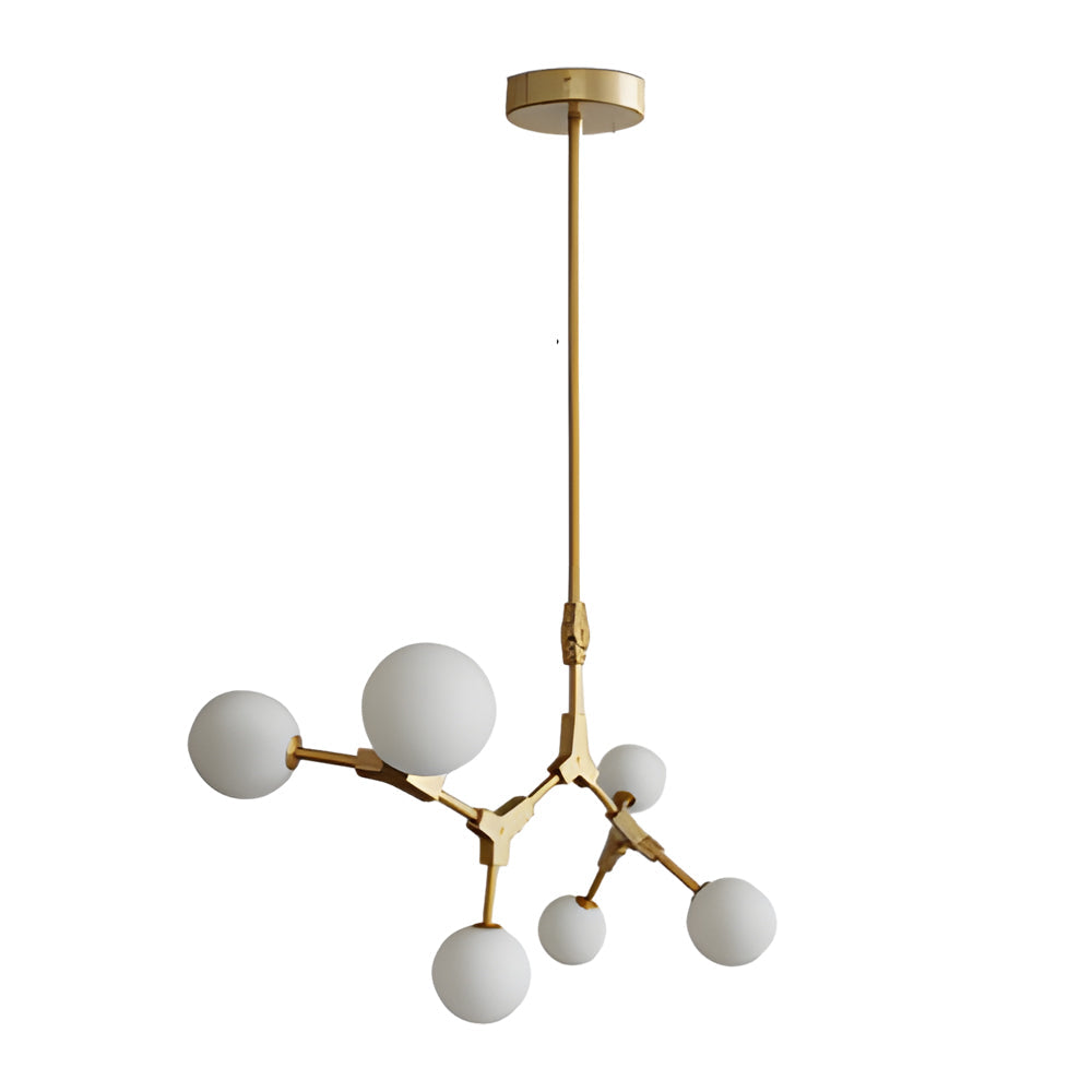 Modern Gold Molecule Chandelier with White Glass Globe Shades for Living Room