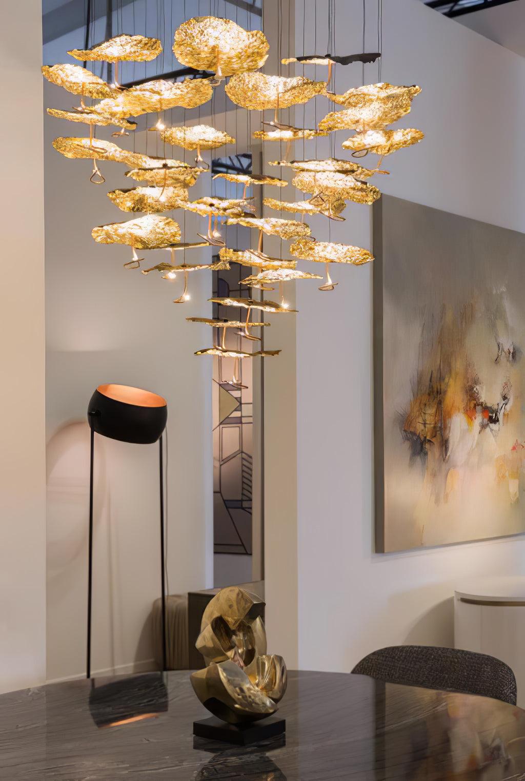 Modern Gold Moon Brass Aviary Constellation LED Chandelier with Metal Shards
