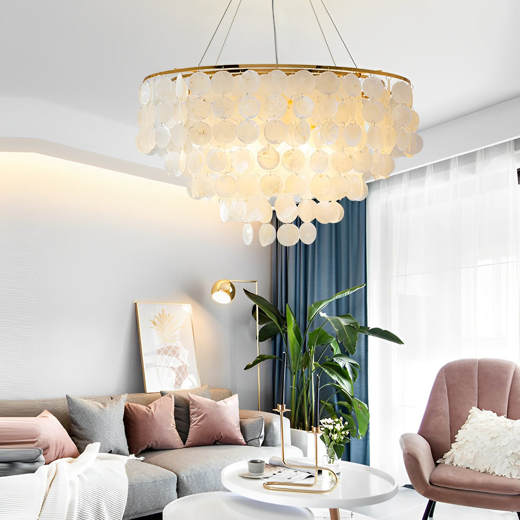 Modern Gold Nordic Chandelier with Round Shell Pieces and Electroplated Iron Frame