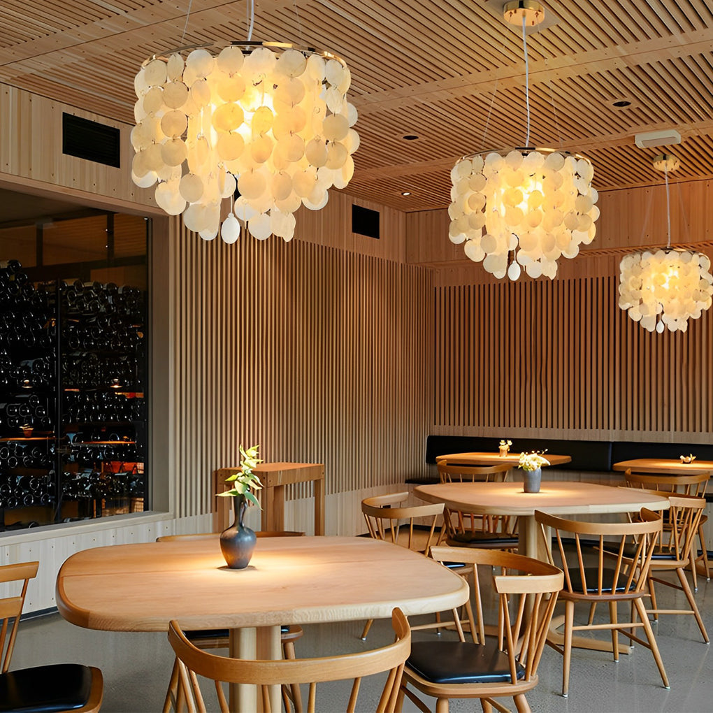 Modern Gold Nordic Chandelier with Round Shell Pieces and Electroplated Iron Frame