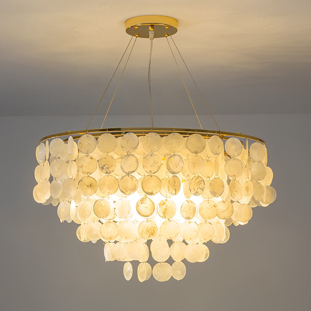 Modern Gold Nordic Chandelier with Round Shell Pieces and Electroplated Iron Frame