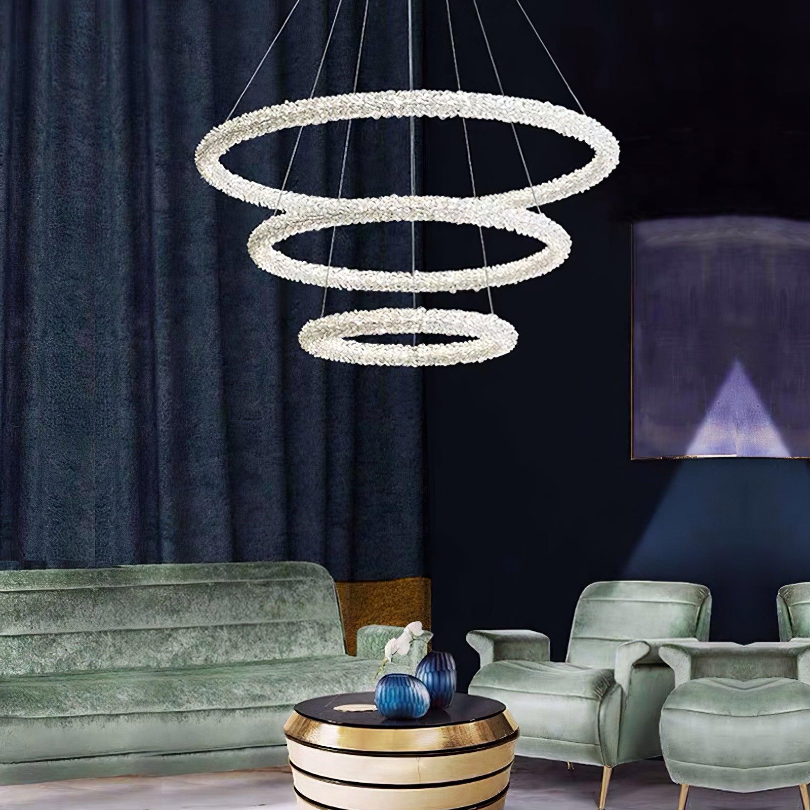Modern Gold Ring Crystal LED Chandelier Adjustable Hanging Ceiling Pendant Light