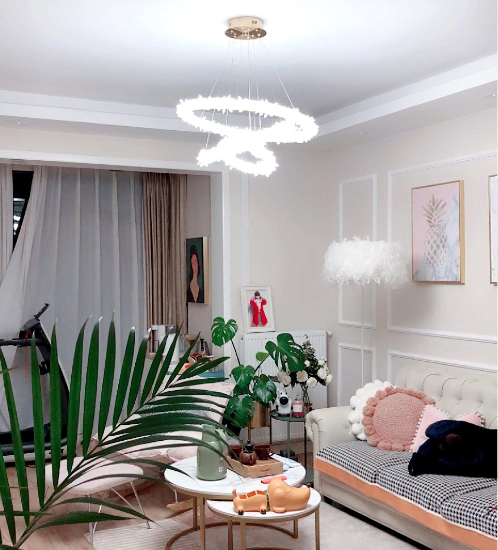 Modern Gold Ring Crystal LED Chandelier Adjustable Hanging Ceiling Pendant Light