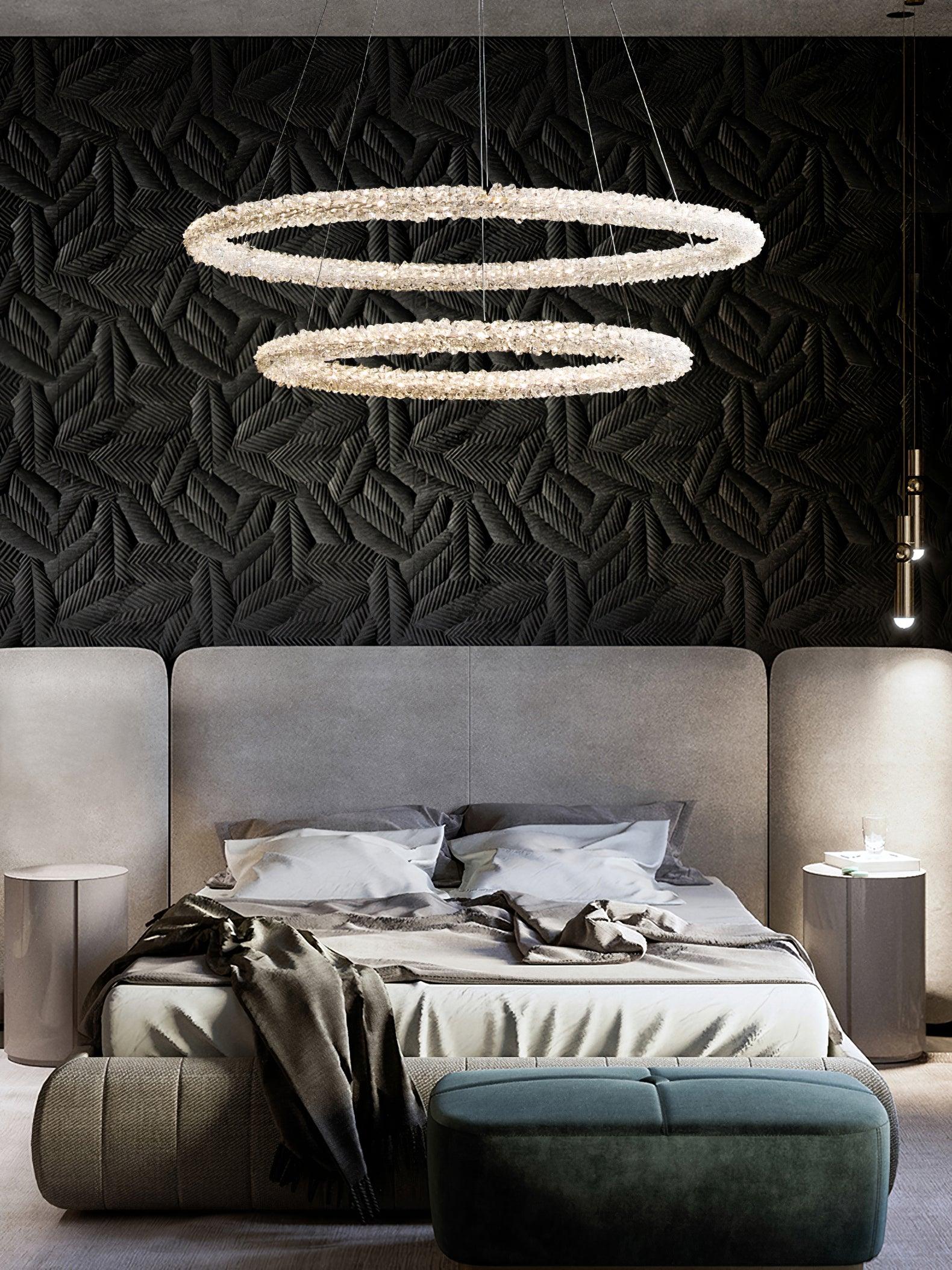Modern Gold Ring Crystal LED Chandelier Adjustable Hanging Ceiling Pendant Light