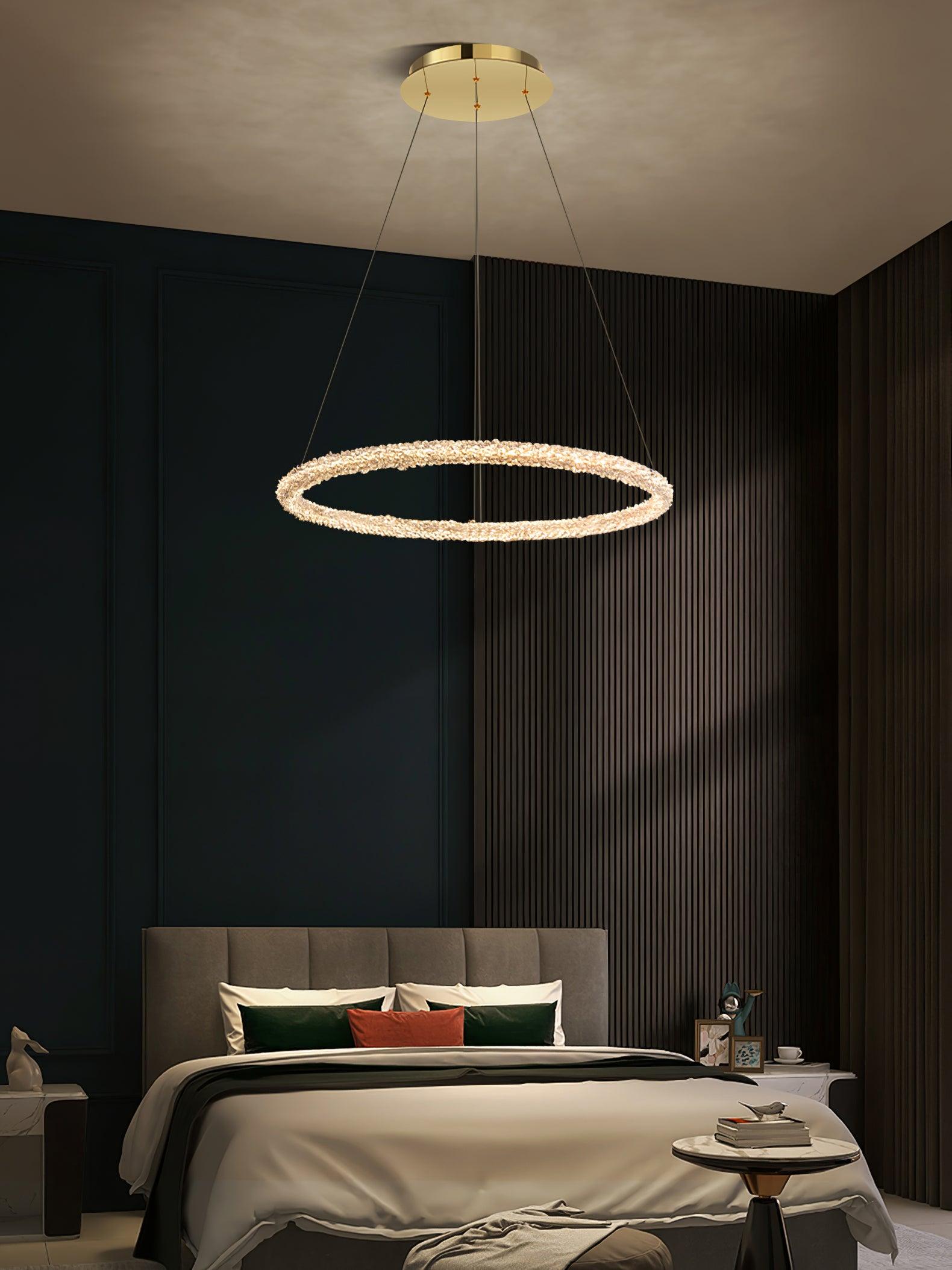 Modern Gold Ring Crystal LED Chandelier Adjustable Hanging Ceiling Pendant Light