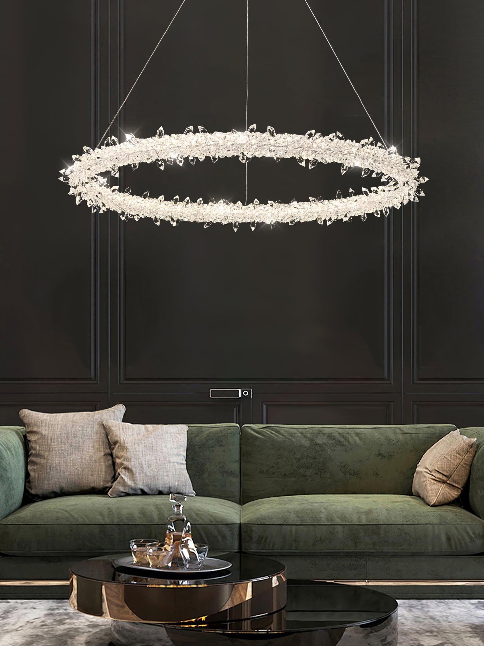 Modern Gold Ring Crystal LED Chandelier Adjustable Hanging Ceiling Pendant Light