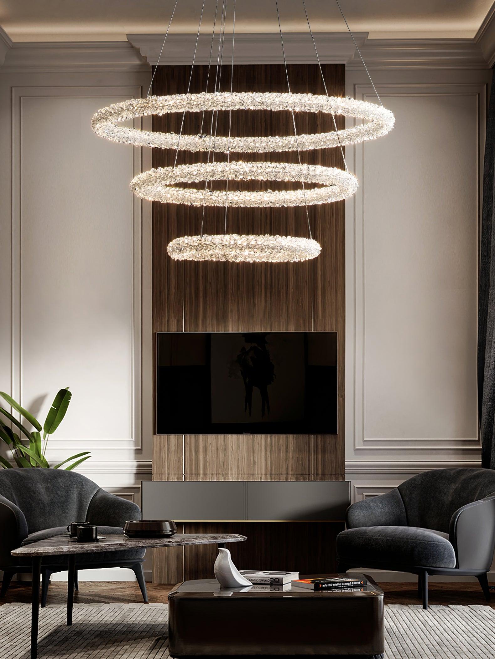 Modern Gold Ring Crystal LED Chandelier Adjustable Hanging Ceiling Pendant Light