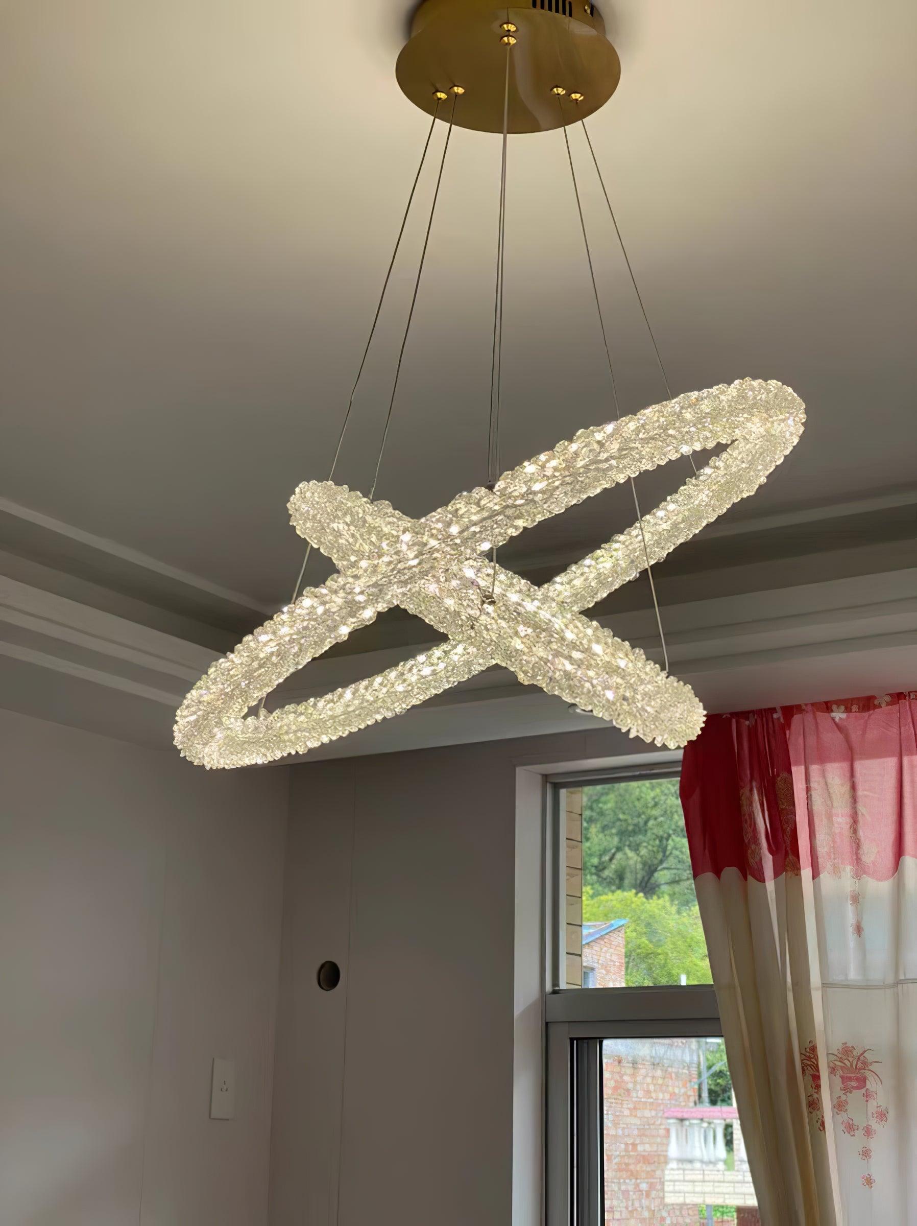 Modern Gold Ring Crystal LED Chandelier Adjustable Hanging Ceiling Pendant Light