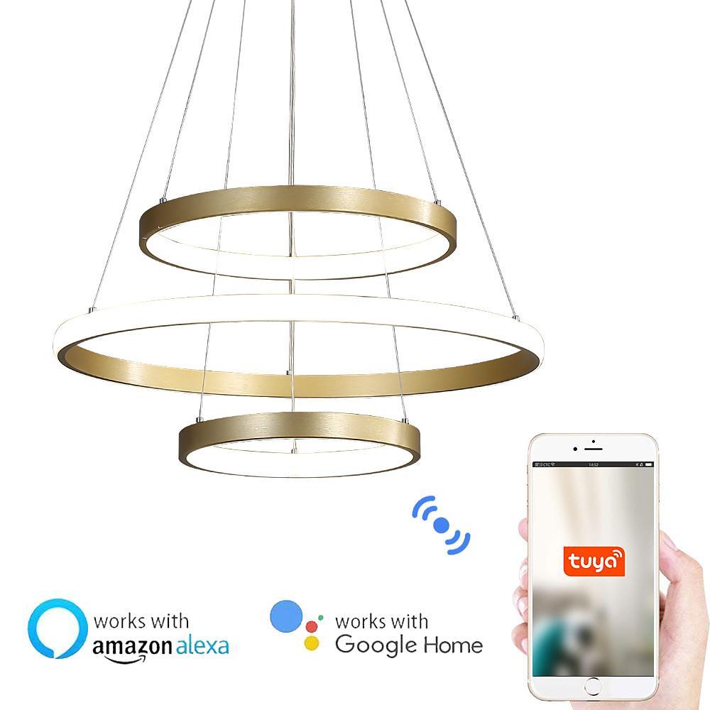 Modern Gold Ring LED Pendant Light Adjustable Height Dimmable Chandelier Lighting