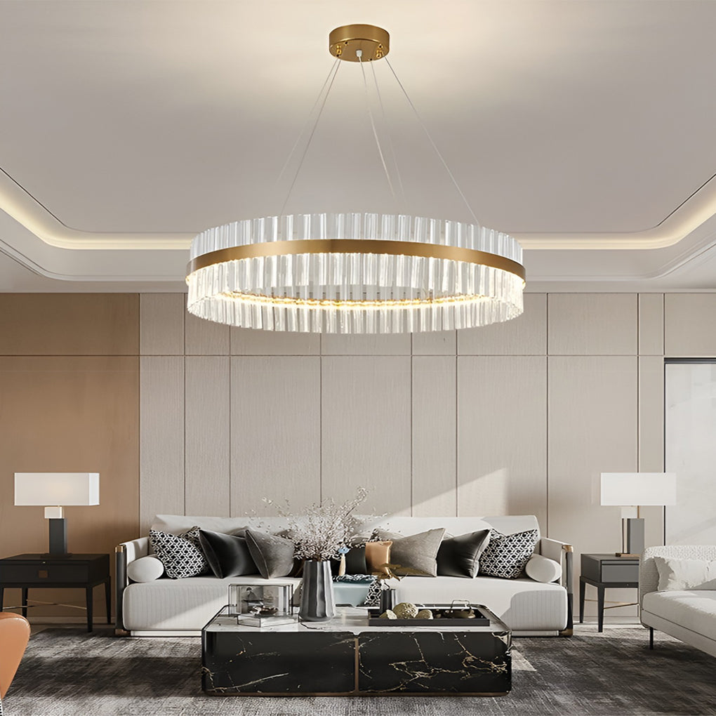 Modern Gold Round Crystal LED Chandelier 3 Step Dimming Nordic Pendant Light