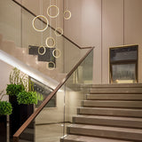 Modern Gold Round Ring LED Chandelier for Spiral Staircase and High Ceilings