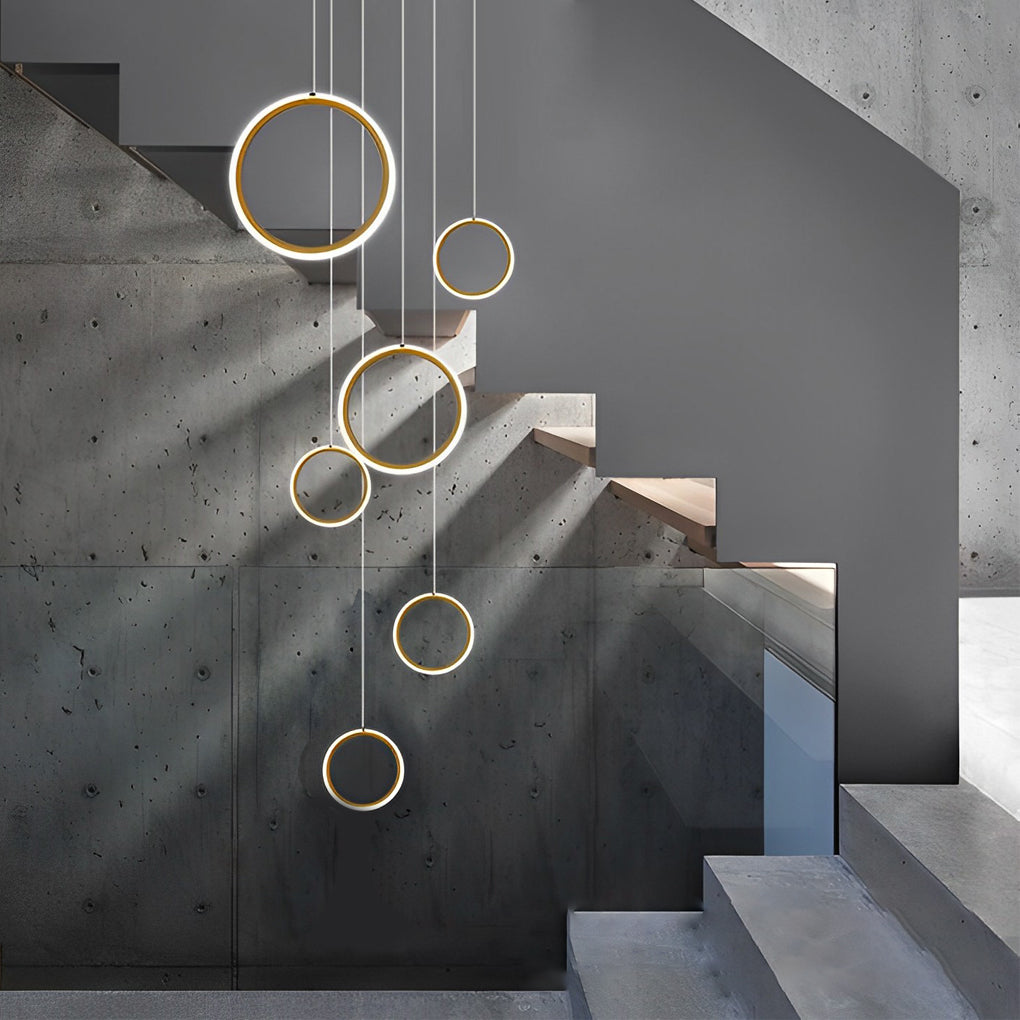 Modern Gold Round Ring LED Chandelier for Spiral Staircase and High Ceilings