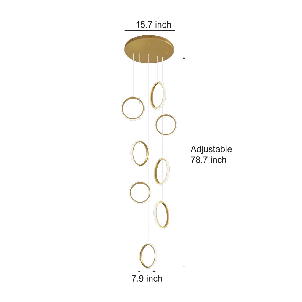 Modern Gold Round Ring LED Chandelier for Spiral Staircase and High Ceilings