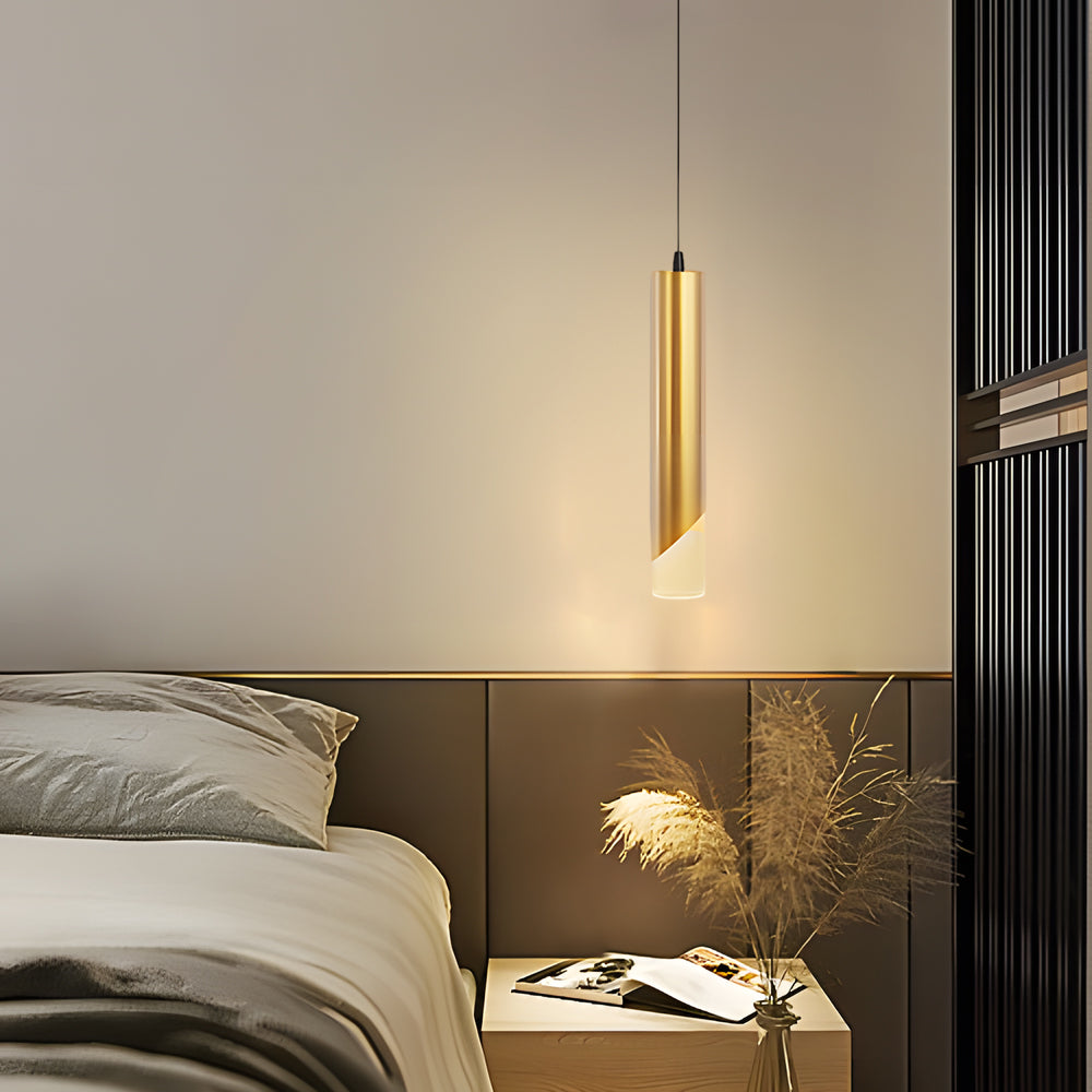 Modern Gold Slender Cylinder LED Pendant Light with 3 Color Dimming for Dining Room Bedroom